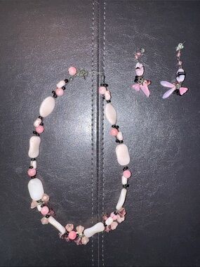 Handmade Pink Beaded Necklace and Earrings Set from Poland